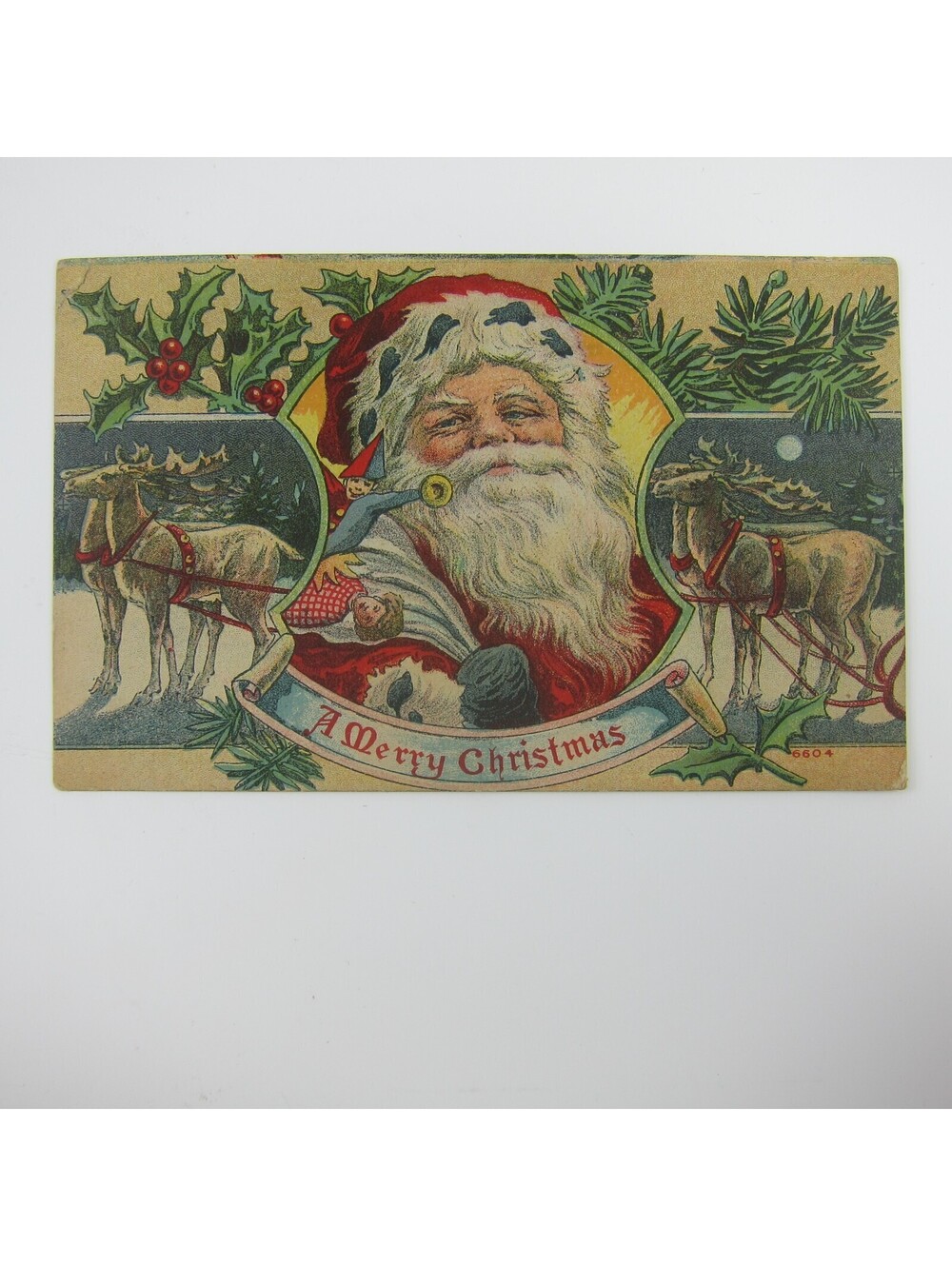 Christmas Postcard Old World Santa Toy Bag Reindeer Moon Holly Berries Antique